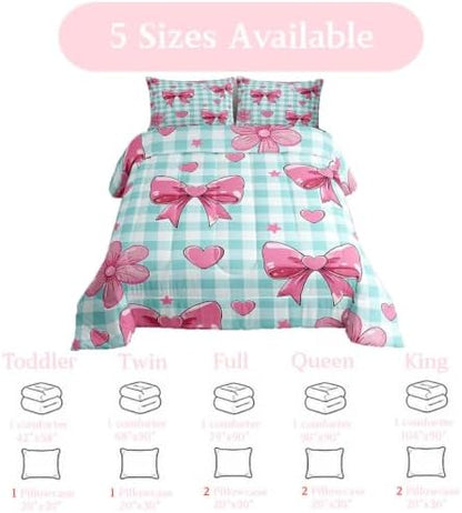 jejeloiu Checkerboard Bowknot Comforter Set Pink Bow Bedding Set Kids Twin