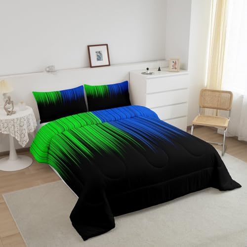 Feelyou Abstract Ombre Comforter Set Kids Teens Blue Green and Black Girls Bedding Set Room Decor Fashion Modern Quilt Set 3Pcs Queen Size