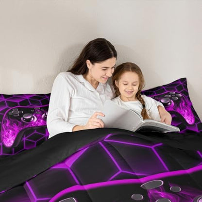 Purple Gaming Comforter Sets for Boys Gamer Gifts,Neon Geometric Toddler Bedding Sets for Boys,3D Geometric Kids Comforter Set Flame Gaming Consoles Decor Boy Bedroom Decor