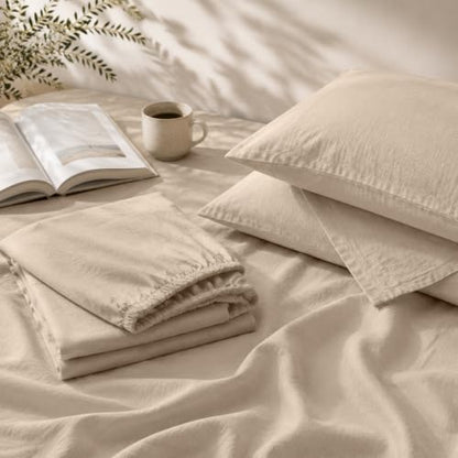 MEISHANG 100% French Linen Sheets Queen,4 Pcs,16" Deep Pocket