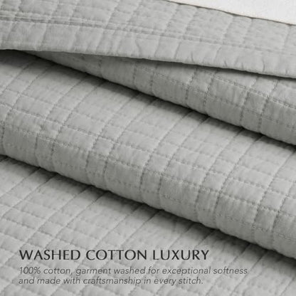 EverGrace 100% Cotton Modern Grid Stitch Quilt Set, King Size, Drizzle Gray