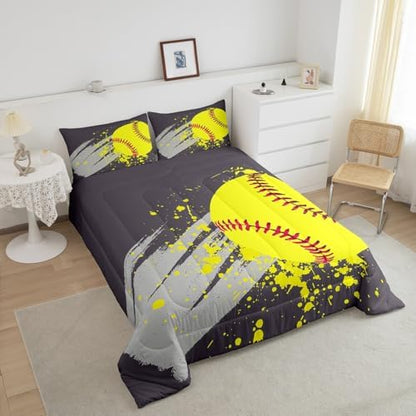 Softball Pattern Comforter Set for Teens Sports Games Bedding Set Yellow Ball Bedding Home Decor for Kids Comforter Twin Size 2 Pcs Watercolor Quilted Duvet Set 1 Comforter with 1 Pillowcase