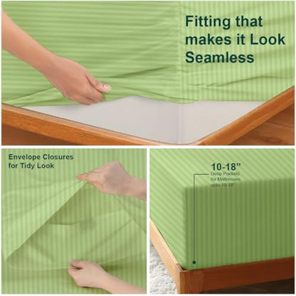 NON Sticky cotton Full 4 Piece Sheet Set, 100% Long Staple Cotton, Soft Cooling Hotel Luxury Bedding Sheets, Deep Pocket Fits 10" to 18" Mattress, 54" x 75", Sage Stripe