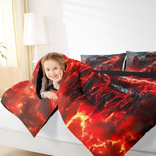 Human Skeleton Kids Comforter Set King Size,Fire Skull Dark Clouds Gothic Western Bedding Set,Girls Boys Room Decor,Happy Halloween Trippy Quilt Comforter,Vintage Chic Duvet Insert,2 Pillowcases