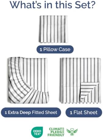 Extra Deep Pocket Twin XL Sheet Set - Breathable & Cooling - Grey Stripes