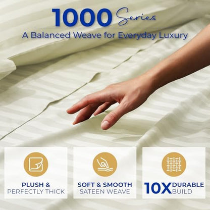 THREAD SPREAD California King Bed Sheets, Luxury 1000 Series Paradise Collection 100% Egyptian Cotton Damask Striped Cal King Sheets Set (4 PC, Ivory Stripe), 16" Deep Pocket Hotel Sheet Set