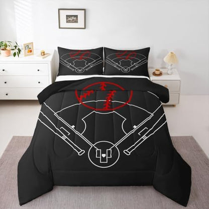 Baseball Field Print Comforter Set Full Size,Boys Ball Sports Games Themed Bedding Comforters Bedroom Decor,Red Baseball Bat Sporting Equipment Duvet Set with 2 Pillowcases,for Girls Teens