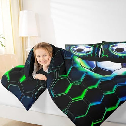Football Kids Comforter Set Queen Size,Soccer Game Ball Sports Bedding Set,Girls Boys Room Decor,Geometric Honeycomb Hexagon Quilt Comforter,Black Green Duvet Set Bedroom Quilt Set,2 Pillowcases