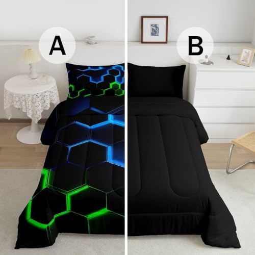Castle Fairy Honeycomb Bedding Comforter Set Full Size,Hexagon Theme with Green Blue Neon Lights Quilt Set,Boys Teen Man Chic Creative Home 3pcs Duvet 2 Pillowcases,Black WWS13396ZMD-BZ USF