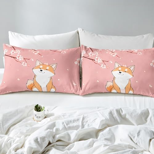 Feelyou Kids Cute Corgi Duvet Cover Full Size Cherry Blossoms Bedding Set Boys Girls Kawaii Dog Animal Pattern Sakura Flower Comforter Cover Set Japanese Style Pattern Bedspread Cover（No Comforter