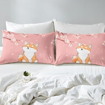 Feelyou Kids Cute Corgi Duvet Cover Full Size Cherry Blossoms Bedding Set Boys Girls Kawaii Dog Animal Pattern Sakura Flower Comforter Cover Set Japanese Style Pattern Bedspread Cover（No Comforter