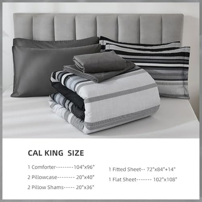 Dobuyly Black Comforter California King Size 7 Piece, Boho Striped Black and Grey Bed in a Bag Set Soft Microfiber Bedding Set with Comforter, Sheets, Pillowcases & Shams All Season