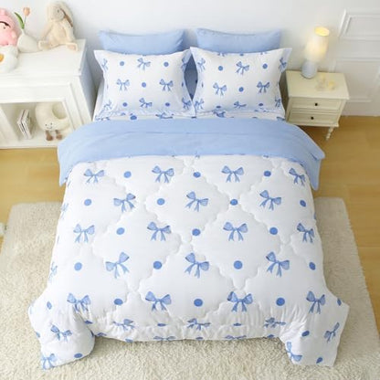 Wajade 7 Piece Blue Bow Comforter Set for Girls Kids Full Size Bedding Set with Sheet and 2 Pillowcases 2 Pillow Shams Cute Girls Bed in a Bag as Birthday Choice