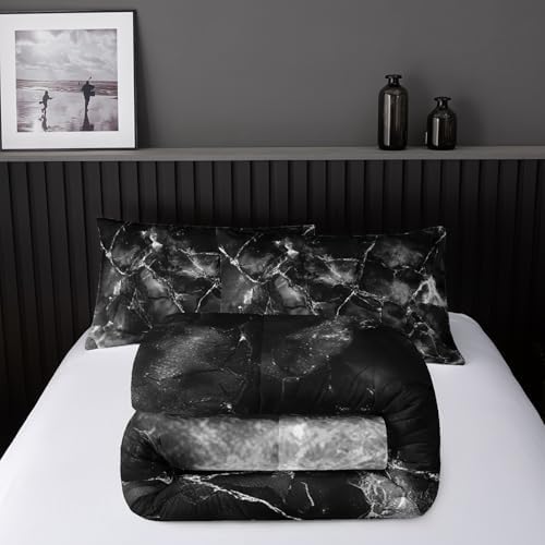 Nttopship Black and White Comforter Set Full Size，Black and White Marble Bedding Set 3 Pcs Bedding for Adults, Marble Room Decor with Comforter and 2 Pillowcases Soft and Lightweight