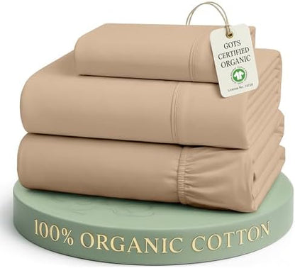 LANE LINEN 100% Organic Cotton Sheets Set Pure Long- Staple Percale Weave - Bedding for Bed Fits Mattress Upto 15in Deep Pocket (Twin Taupe)
