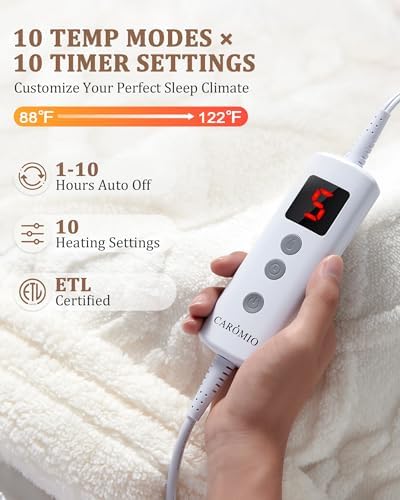CAROMIO Heated Throw Blanket - Thick Tufted Sherpa Electric Blanket Throw with 10 Heating Levels and 10 Time Settings, ETL Certified Machine Washable Fast Heating Blanket Throw 50"×60", Off White