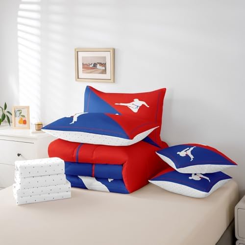Castle Fairy 7 Pieces Taekwondo Comforter Set for Kids Blue Red Bedding Set Queen Size,Japanese Style Comforter for Boys Girls Adult Kungfu Super Soft Fade Resistant Microfiber Bedding