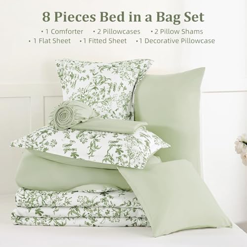 WONGS BEDDING 6 Pieces Twin Size Comforter Set Green Floral Bed Set