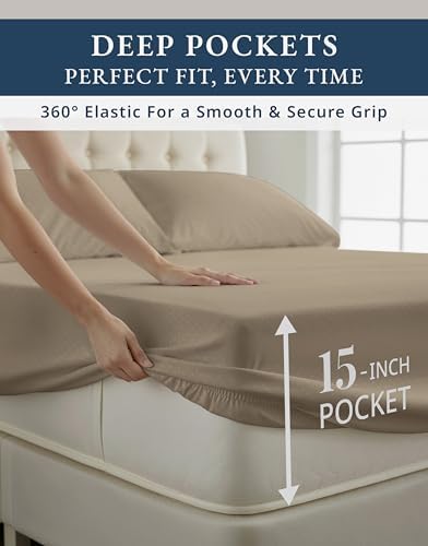 LANE LINEN Split King Sheets 100% Egyptian Cotton Sateen - Taupe Swiss Dot