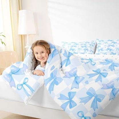 jejeloiu Watercolor Bow Comforter Set King Size Blue Bow Bedding Set for Kids Boys Girls Dreamy Princess Style Duvet Quilt Bedroom Decor Microfiber 3 Pcs with 2 Pillow Cases