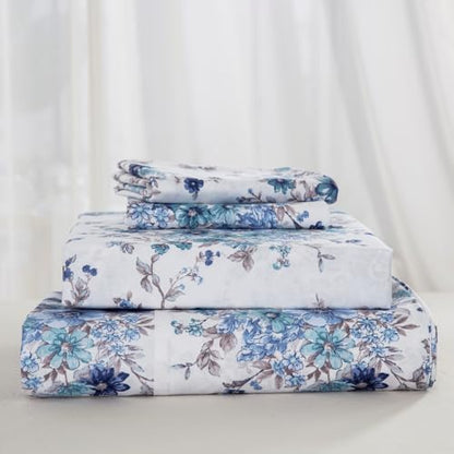 DAUAOTO California King Cotton Sheets Set Printed Bedding Sets, Floral Pattern Bedlinen for Cal King Mattress Up to 14" Deep, French Blue
