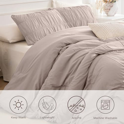 Masaca King Comforter Set(106"x95"),Ruched Ruffle Bedding Comforter Lightweight Vintage Shabby Boho Chic Ultra Soft Microfiber Cal King Bedding 3Pcs (1 Taupe Comforter and 2 Pillowcases)