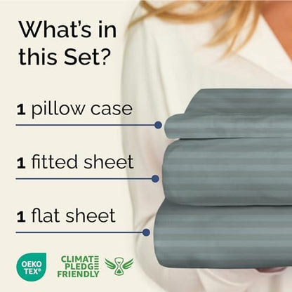 Twin XL 3 Piece Striped Sheet Set - Breathable & Cooling - Greeny Stripes
