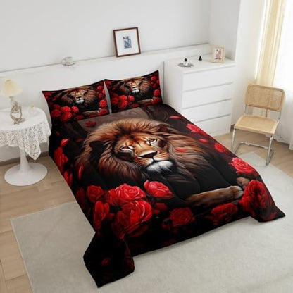Lion Rose Comforter Set Queen Size,Tropical African Animal Bedding Set for Kids Teens Adults Room Decor,Wildlife Floral Nature Theme Duvet Insert 3Pcs,Red Flower Fierce Lion Quilt Set,2 Pillowcases