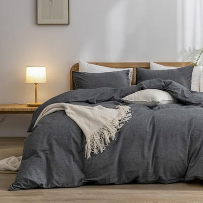 BESTOUCH Cotton Solid Duvet Cover Set Linen Feel Dark Black Alaska King