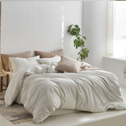 MooMee Striped Duvet Cover Set 100% Washed Cotton Linen Like Alaska King