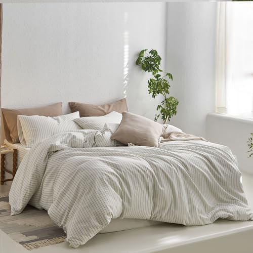 MooMee Striped Duvet Cover Set 100% Washed Cotton Linen Like Full