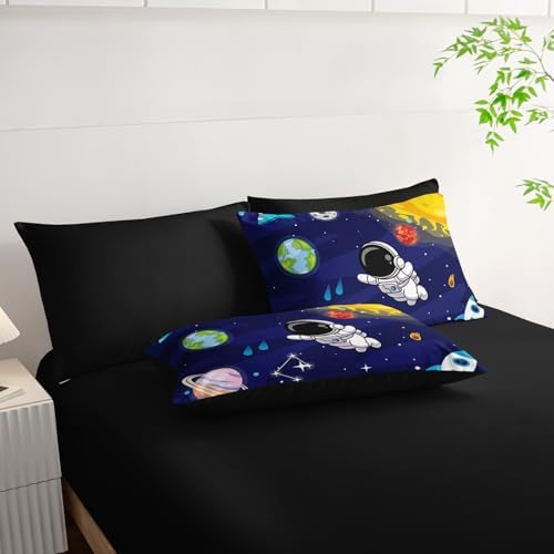 AILONEN Kids Cartoon Astronaut Comforter Sets Twin Size,Cute Astronaut Rockets Bedding Set Bed in a Bag for Boys Teens,Outer Space Comforter & Fitted Sheet + Flat Sheet & 2 Pillowcases,2 Pillow Shams