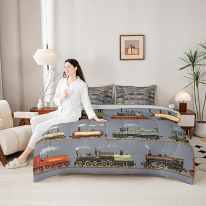 Feelyou Train Comforter Set Queen Size 7 Pieces Bedding Set Kids Boys Girls