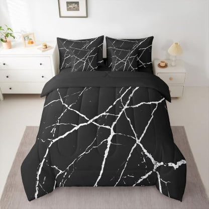 Erosebridal Black Marble King Bedding Set 7 Piece White Texture Bed in A Bag with Sheets Ink Painting Stone Pattern Comforter Set for Kids Adults,Retro Watercolor Artwork Bed Sets