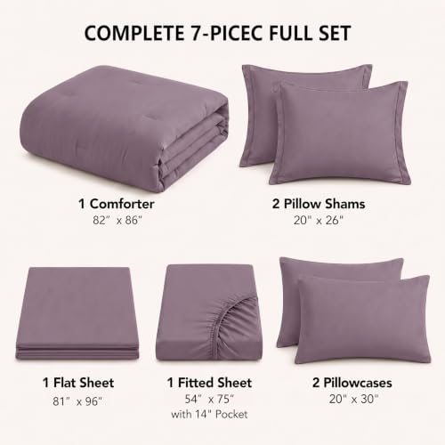 HIMEET Full Comforter Set, 7-Piece Point-Quilted Bed in a Bag, Dusty Purple