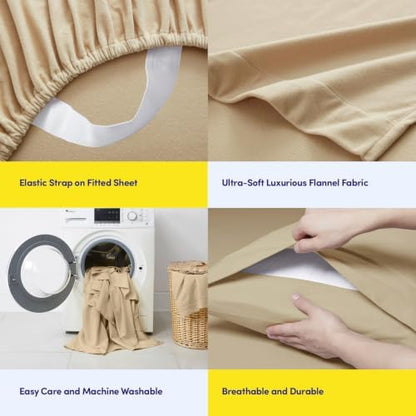 Flannel Sheets Warm and Cozy Deep Pocket Breathable All Season Bedding Set with Fitted, Flat and Pillowcases, Queen, Beige