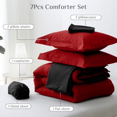 JOLLYVOGUE Full Comforter Set, Ultra-Soft Bed in a Bag Full Size 7 Pieces, Oeko-TEX Certified Bedding Set with Down Alternative Comforter, Sheets, Pillowcases & Shams, Red & Black