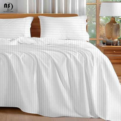 NON Sticky cotton Full 4 Piece Sheet Set, 100% Long Staple Cotton, Soft Cooling Hotel Luxury Bedding Sheets, Deep Pocket Fits 10" to 18" Mattress, 54" x 75", White Stripe