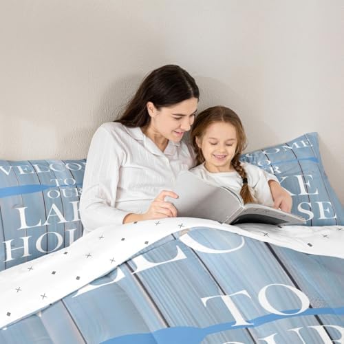 Lake House Comforter Set King Size, Cabin Rustic Farmhouse Style Bedding Set 3pcs, Blue Wooden Plank Lake Themed Down Comforter for All Season, Kids Boys Girls Room Decor, 2 Pillowcases, No Sheets