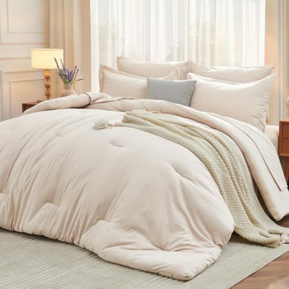 MUXHOMO 7 Pieces Oversized King Comforter Set, Soft Bed in a Bag Oversized King Size, All Season Bedding Set with Comforter, Flat Sheet, Fitted Sheet, Pillowcases & Shams, Beige