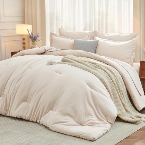 MUXHOMO 7 Pieces Oversized Queen Comforter Set, Soft Bed in a Bag Oversized Queen Size, All Season Bedding Set with Comforter, Flat Sheet, Fitted Sheet, Pillowcases & Shams, Beige