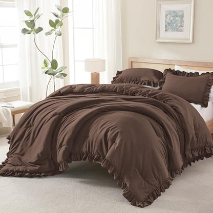 Andency Brown Ruffle Comforter Oversized Queen, 3 Pcs Solid Farmhouse Bed