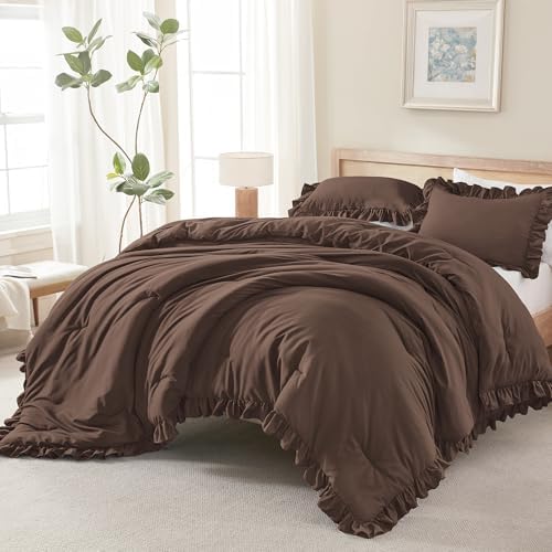 Andency Oversized King Comforter Set,3 Pieces Brown Ruffle Bedding Set