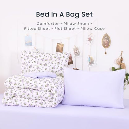 Wake In Cloud - Floral Comforter Set with Sheets, Coquette Cottagecore Aesthetic Flower Shabby Chic Pattern for Women Teen Girls, 5 Pieces Bed in a Bag, White Purple, Twin Size