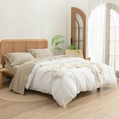 BESTOUCH Full Washed Cotton Linen Feel Sheet Set 4 Pcs Almond Milk Grey