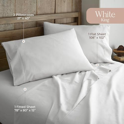 100% Organic Flannel Sheets King Size - GOTS Certified 100% Cotton Flannel Sheets Set with Comfortable Soft Brushed Finish & Deep Pocket - 1 Flat 1 Fitted & 2 Pillowcases (White, King)
