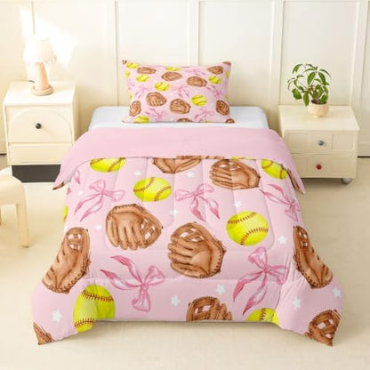 Cartoon Baseball Comforter Set Toddler Size,Pink Silk Bow Print Bedding Sets 2Pcs for Kids Girls Boys Room Decor,Coquette Little Star Quilted Duvet Brown Baseball Gloves Down Comforter,1 Pillowcase