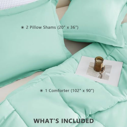 CozyLux King Size Comforter Set, 3-Piece Box-Stitched, Mint Green