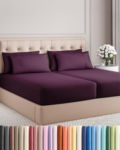 Split King 7 Piece Bed Sheet Set - Soft, Breathable & Cooling - Deep Purple