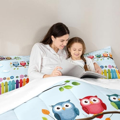 Manfei Owls Comforter Set Full Size, Cartoon Birds Print Quilt Set with 2 Pillowcases, Colorful Flower Bedding Set 3pcs for Kids Boys Girls Bedroom Decor, Rainbow Plank Print Duvet Set